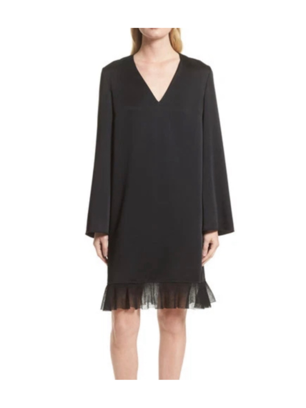 Elizabeth and James V Neck Ruffle Hem Long Sleeve Black Heath Dress Size 8